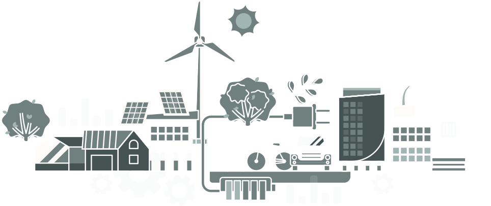 Illustration of clean-energy technology: solar, wind, storage, and smart-grid buildings